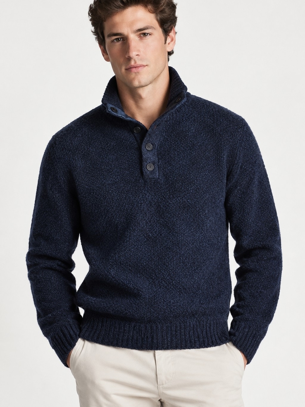 Banana Republic men's Merino Wool  Henley Sweater Navy Blue mock-neck Winter